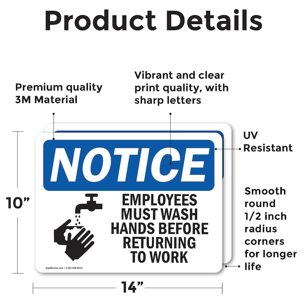 Employees Must Wash Hands Before Work OSHA Notice Sign, Vinyl Decal, 14in W X 10in L, 2PK